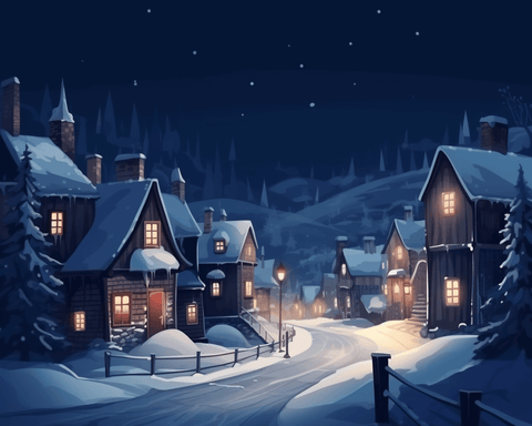Image of Diamond painting of a charming Christmas village nestled in a winter wonderland at night.