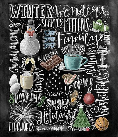 Image of Diamond painting of a chalkboard with the words "Winter Wonders" surrounded by winter-themed images, such as a snowman, hot cocoa, sledding, and holiday decorations.