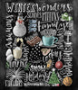 Diamond painting of a chalkboard with the words "Winter Wonders" surrounded by winter-themed images, such as a snowman, hot cocoa, sledding, and holiday decorations.