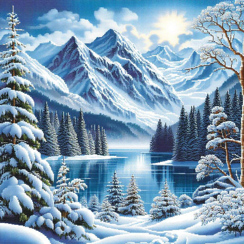 Image of Diamond painting of a winter lake surrounded by snow-capped mountains and pine trees.