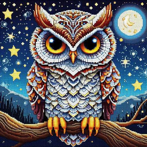 Image of Diamond painting of a wise-looking owl perched on a branch at night.