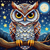 Diamond painting of a wise-looking owl perched on a branch at night.