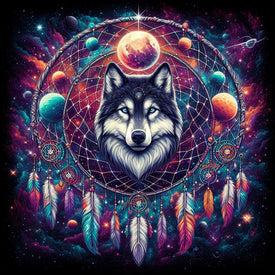 Sparkling diamond art depicting a dreamcatcher featuring a wolf symbol