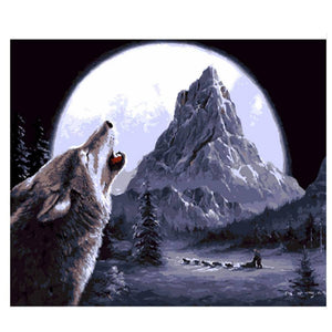 Diamond painting of a wolf howling at a full moon, sitting on the edge of a cliff overlooking a vast landscape.