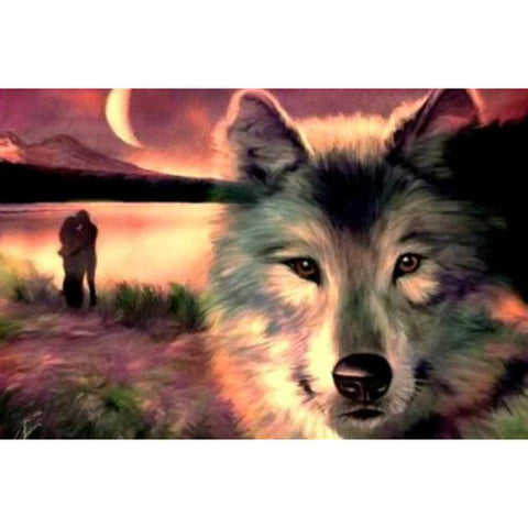 Image of Diamond painting of a wolf standing on the seashore
