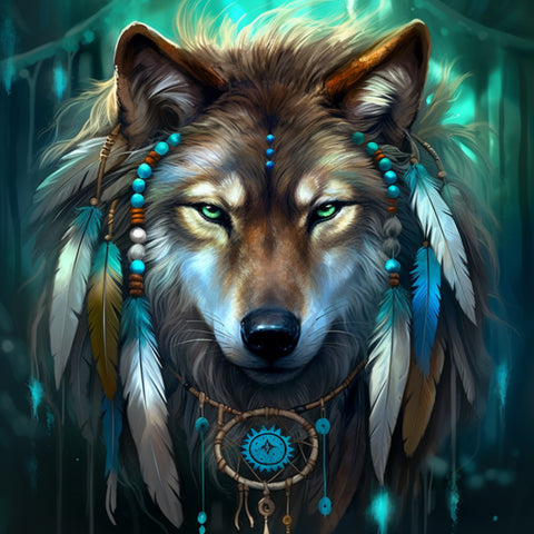 Image of Diamond painting of a wolf warrior spirit with a dreamcatcher and feathers, representing strength, protection, and dreams.