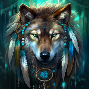 Diamond painting of a wolf warrior spirit with a dreamcatcher and feathers, representing strength, protection, and dreams.