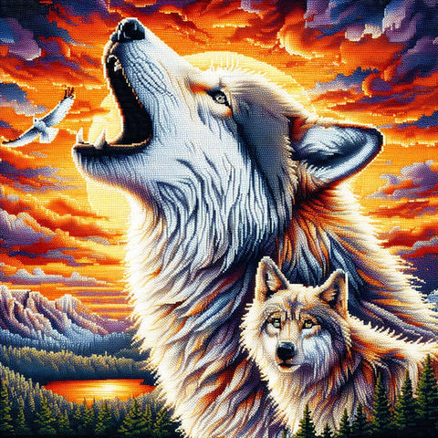Image of Diamond painting depicting a scene of wolves howling at the moon, a call to the wild. 
