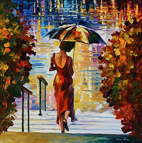 Image of A woman in a red dress walking down a rainy street, holding an umbrella.