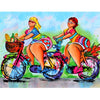 Diamond Painting of Two Women in Colorful Clothing Riding a Bicycle Together