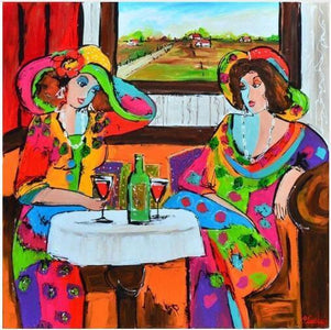 Diamond Painting of Two Women in Colorful Dresses and Hats Enjoying Wine