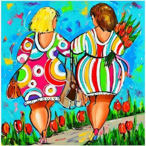 Image of Diamond painting of two women walking on a sidewalk, enjoying a sunny day with colorful flowers in bloom.