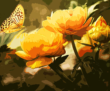 Diamond painting of a yellow butterfly perched on a yellow rose.