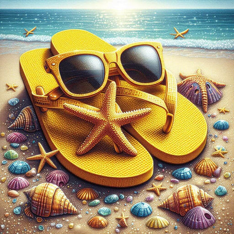 Image of Diamond painting of a beach scene with yellow flip flops and starfish