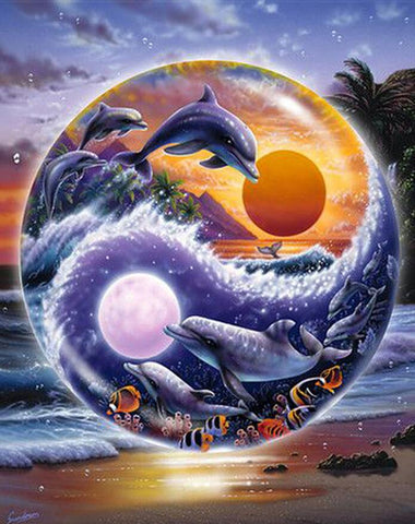 Image of Diamond Painting of Dolphins in a Yin-Yang Symbol with Sun and Moon