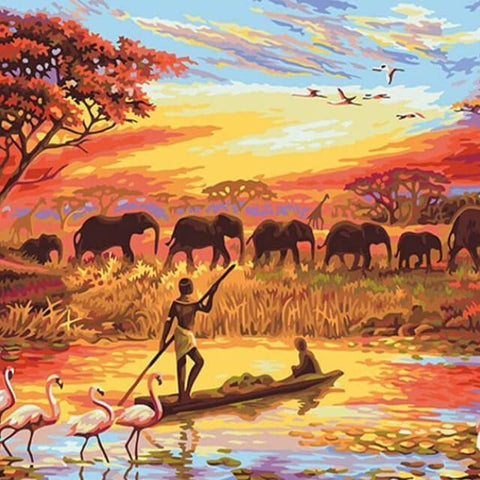 Image of Elephant Sunset Landscape - DIY Painting By Numbers