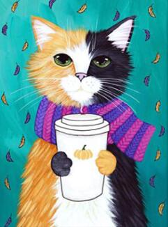 Image of Yellow and Black Cat with a Latte - DIY Diamond Painting