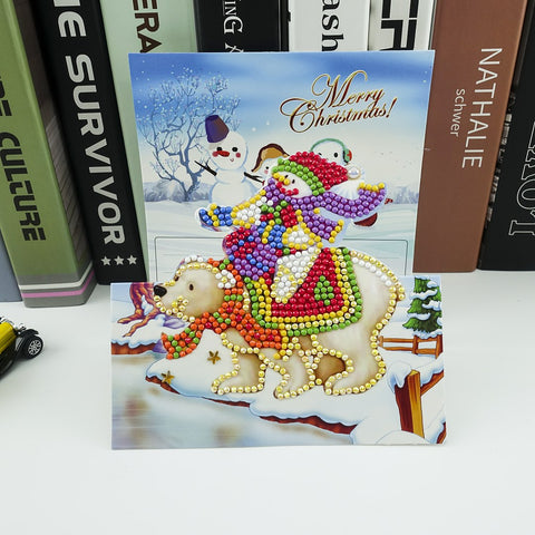 Snowman Riding Polar Bear - Diamond Painting Folding Card