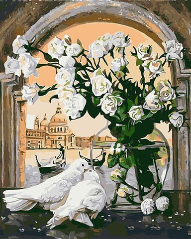 Image of White Flowers And Pigeons - DIY Painting By Numbers