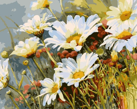 Image of White Chrysanthemum Flowers  - DIY Digital Painting By Numbers