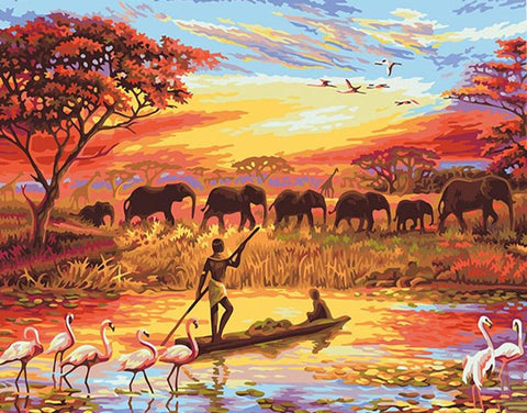 Image of Elephant Sunset Landscape - DIY Painting By Numbers