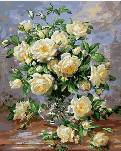 Image of White Flowers in a Vase - DIY Painting By Numbers
